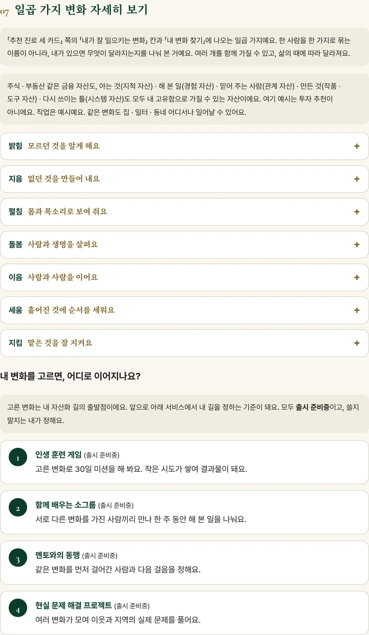 다이어리 해설서 ‘일곱 가지 변화 자세히 보기’: 변화별 펼침 목록과 고른 변화가 이어지는 곳