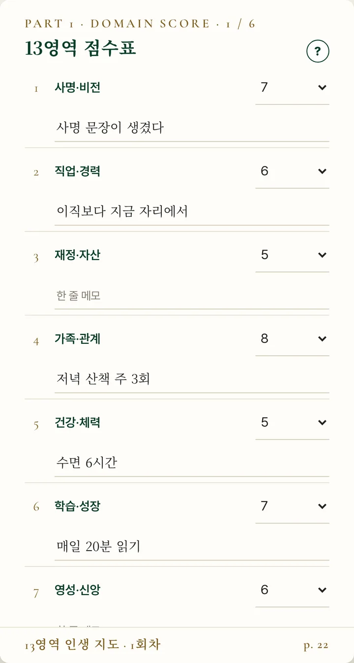 13영역 점수표 — 사명·비전, 직업·경력, 재정·자산 등 영역별로 점수를 고르고 한 줄 메모