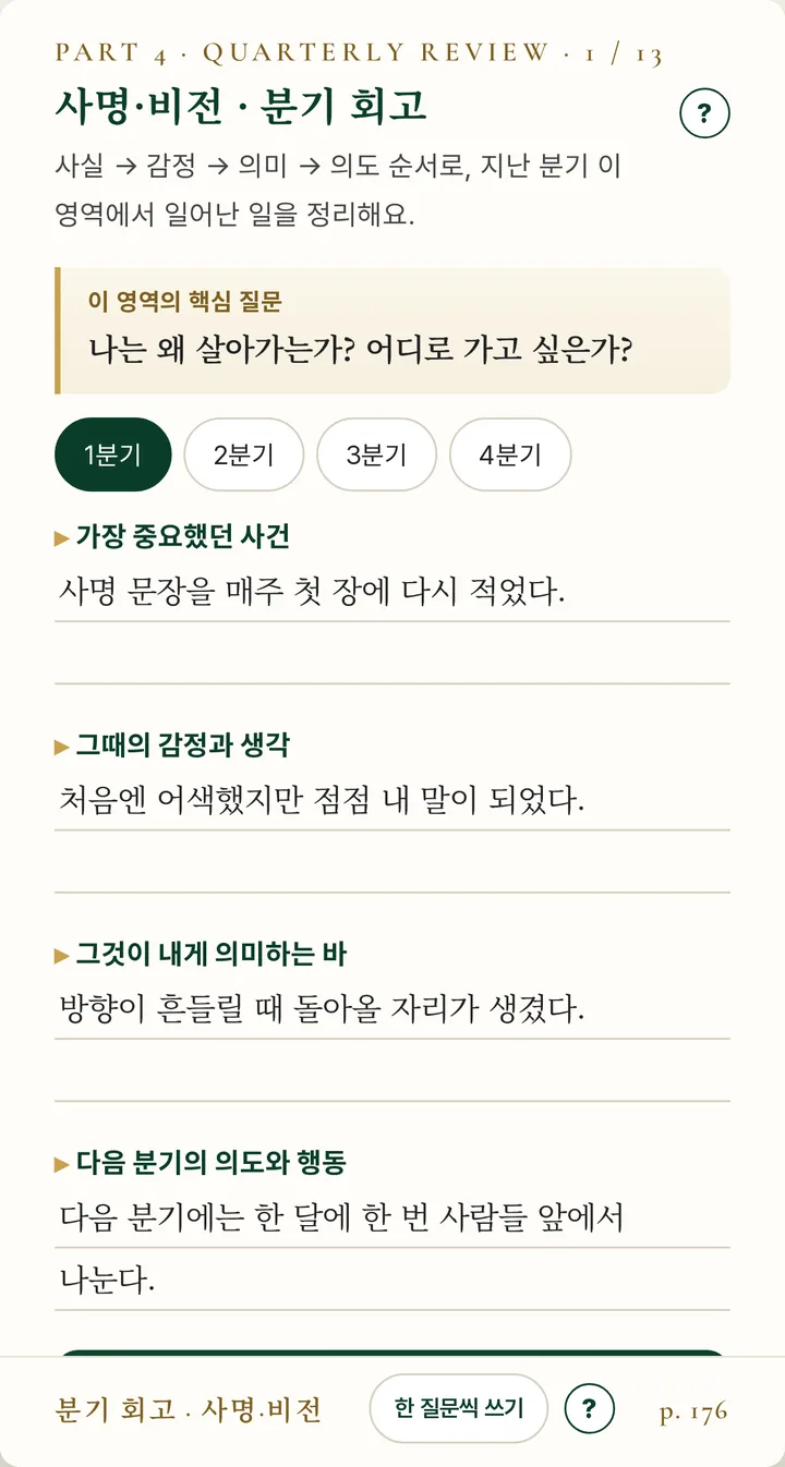 분기 회고 페이지 — 가장 중요했던 사건, 그때의 감정과 생각, 다음 분기의 의도