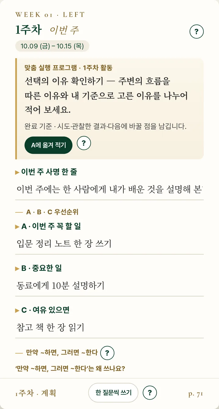 1주차 계획 페이지 — 맞춤 실행 프로그램 1주차 활동, 이번 주 사명 한 줄, A·B·C 우선순위, 만약-하면 계획