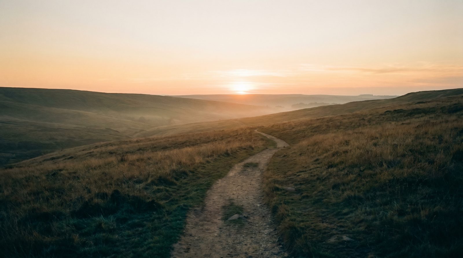 At dusk, a winding path leads toward a warm horizon