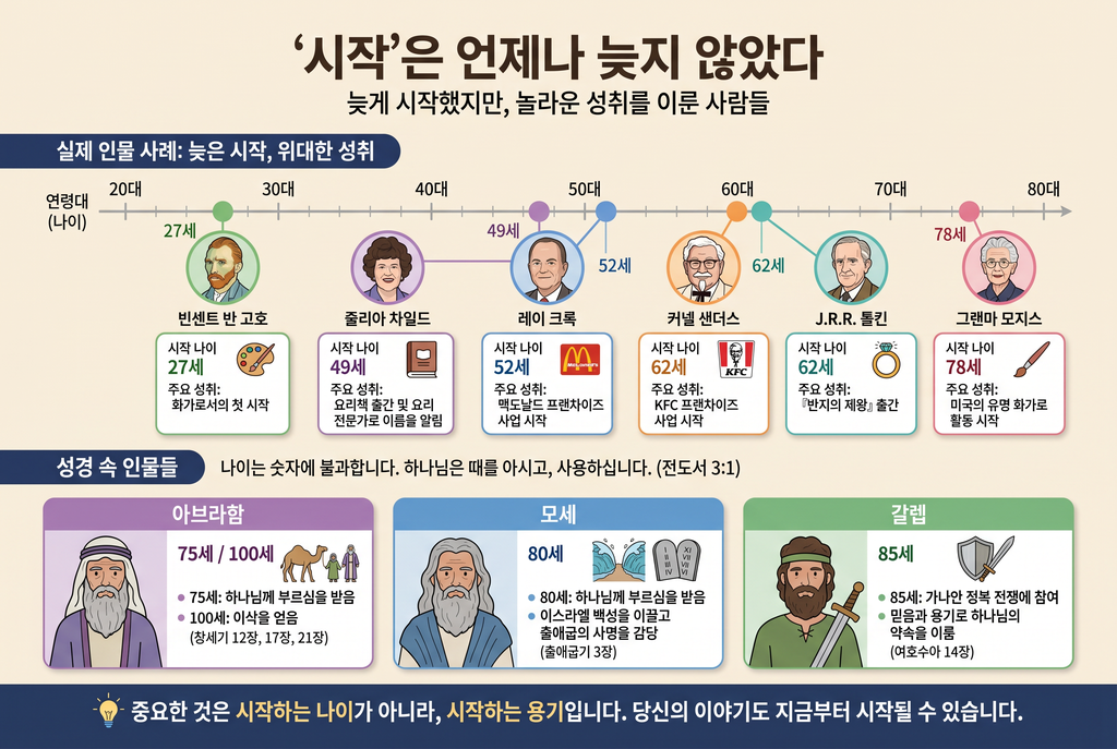 ‘시작’은 언제나 늦지 않았다 — 빈센트 반 고흐(27세), 줄리아 차일드(49세), 레이 크록(52세), 커넬 샌더스(62세), J.R.R. 톨킨(62세), 그랜마 모지스(78세), 그리고 성경 속 아브라함·모세·갈렙의 늦은 시작을 나이순으로 정리한 연표