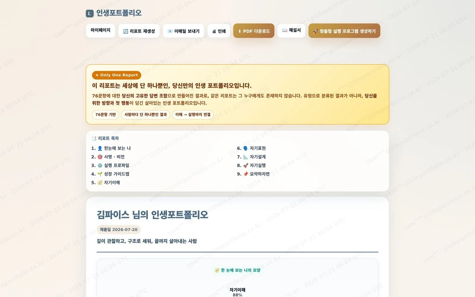 개선 전 인생포트폴리오 리포트 데스크톱 화면